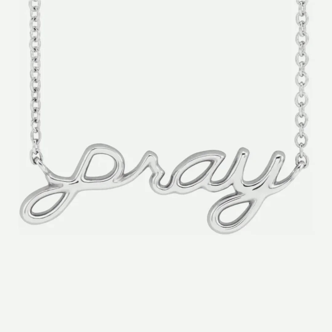 Front View of Sterling Silver PRAY Christian Necklace For Women
