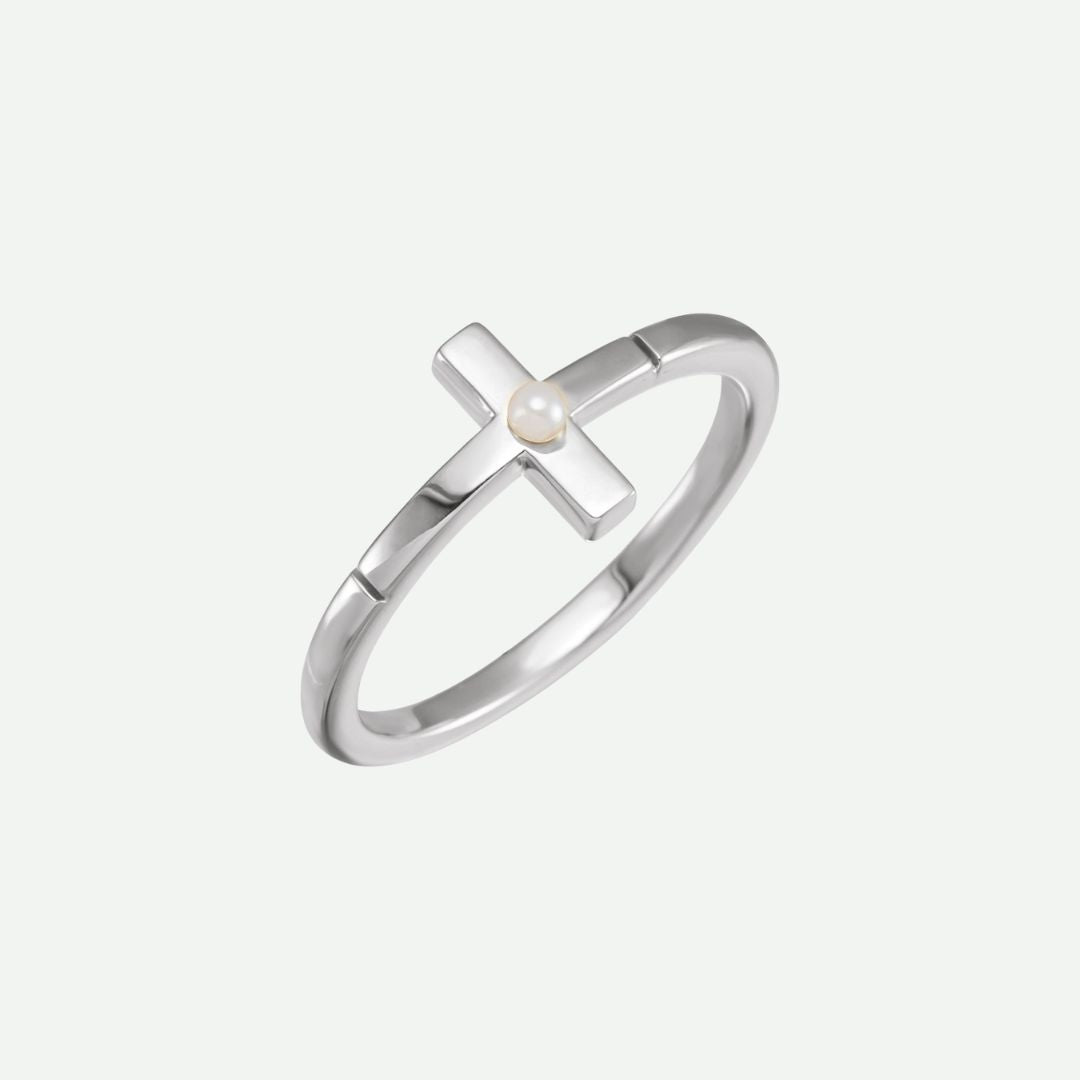 Front view of the PRECIOUS sterling silver cross ring with pearl accent, crafted for elegance and timeless devotion.