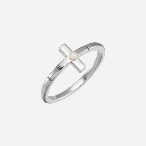 Front view of the PRECIOUS sterling silver cross ring with pearl accent, crafted for elegance and timeless devotion.