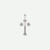 Front view of the RADIANCE sterling silver cross pendant with pearl accent, a graceful symbol of purity and faith.