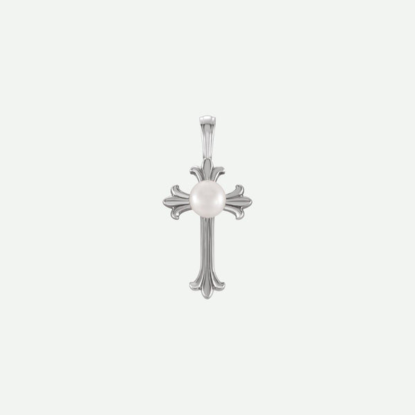 Front view of the RADIANCE sterling silver cross pendant with pearl accent, a graceful symbol of purity and faith.