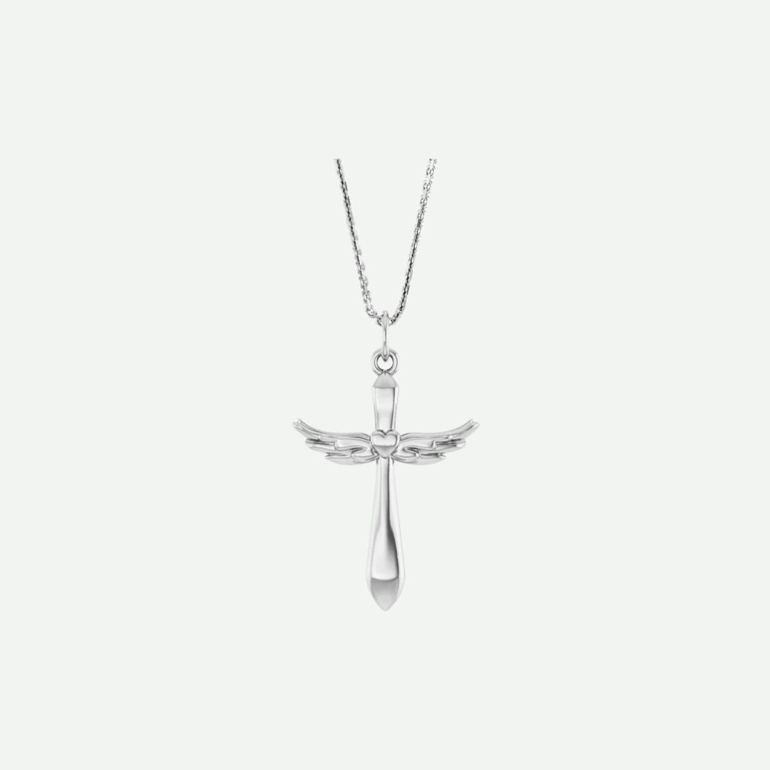 White gold angel wings cross pendant necklace on a white background | Modern Christian Jewelry | Glor-e