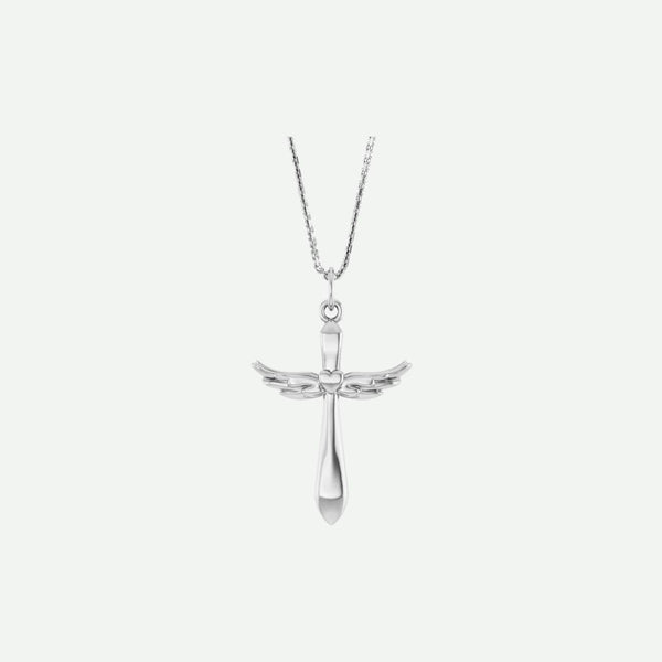 White gold angel wings cross pendant necklace on a white background | Modern Christian Jewelry | Glor-e
