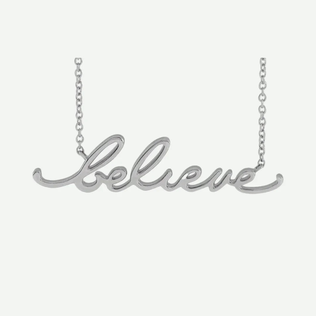 Front View of White Gold BELIEVE Christian Necklace For Women