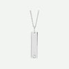 Front view of a 14k white gold engravable necklace with a rectangular pendant on a white background