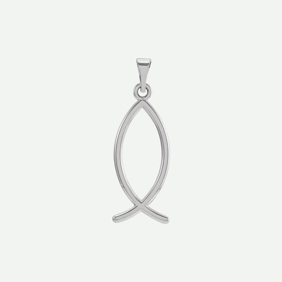 White gold Ichthys Christian pendant for women – front view, faith-inspired necklace with fish symbol