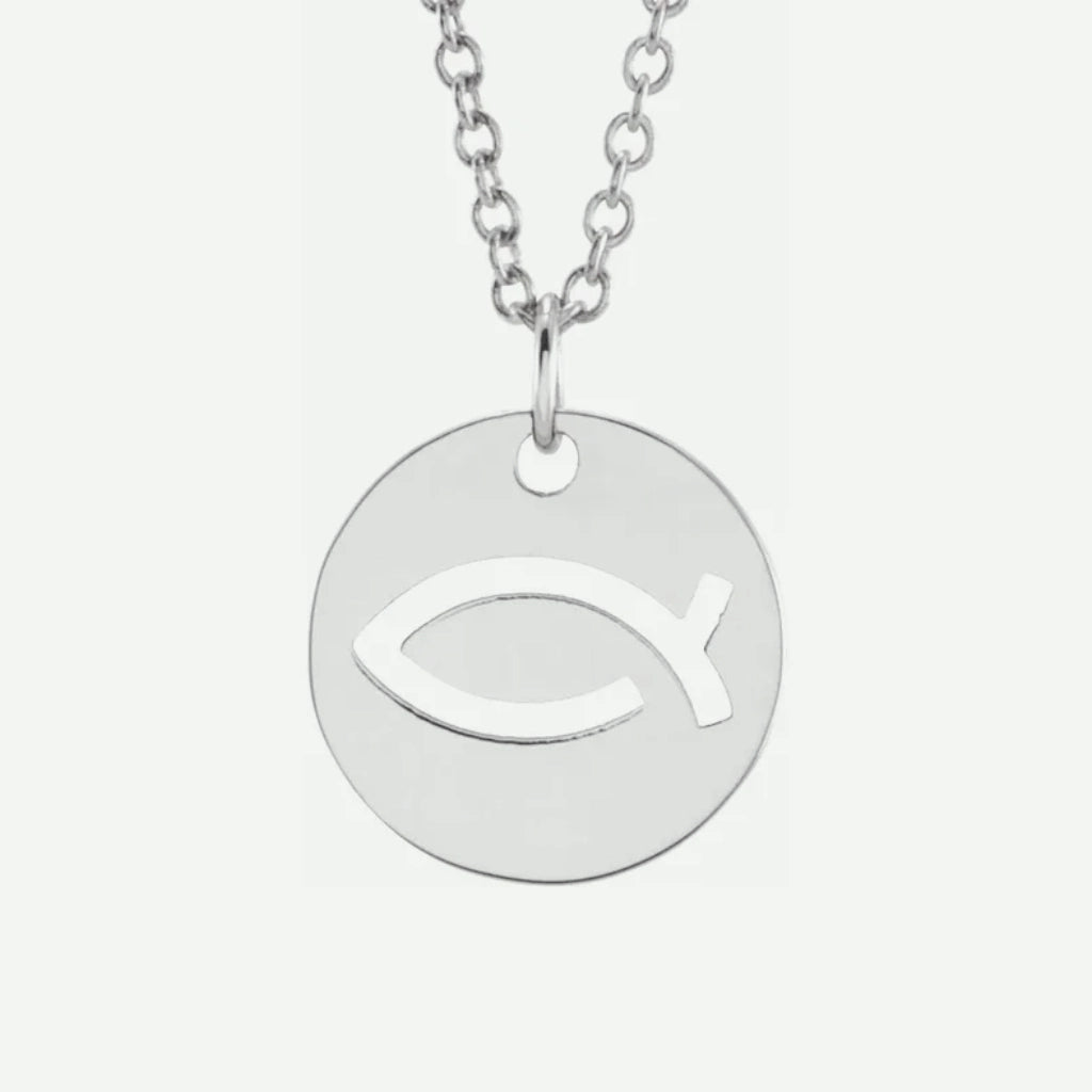 Front View of White Gold ICHTUS Christian Necklace For Women