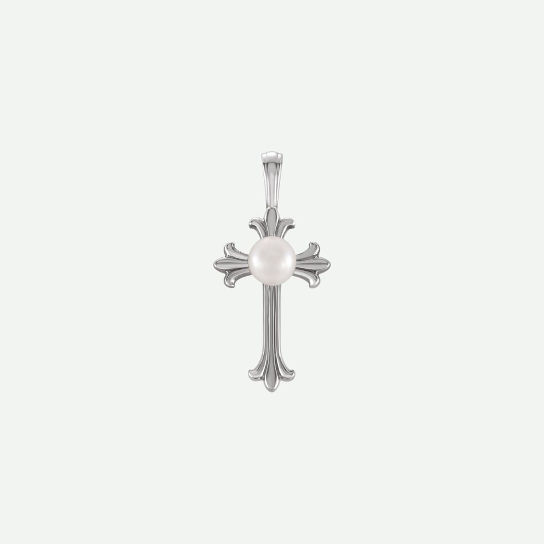 ront view of the RADIANCE white gold cross pendant with pearl centerpiece, a radiant symbol of purity and devotion.