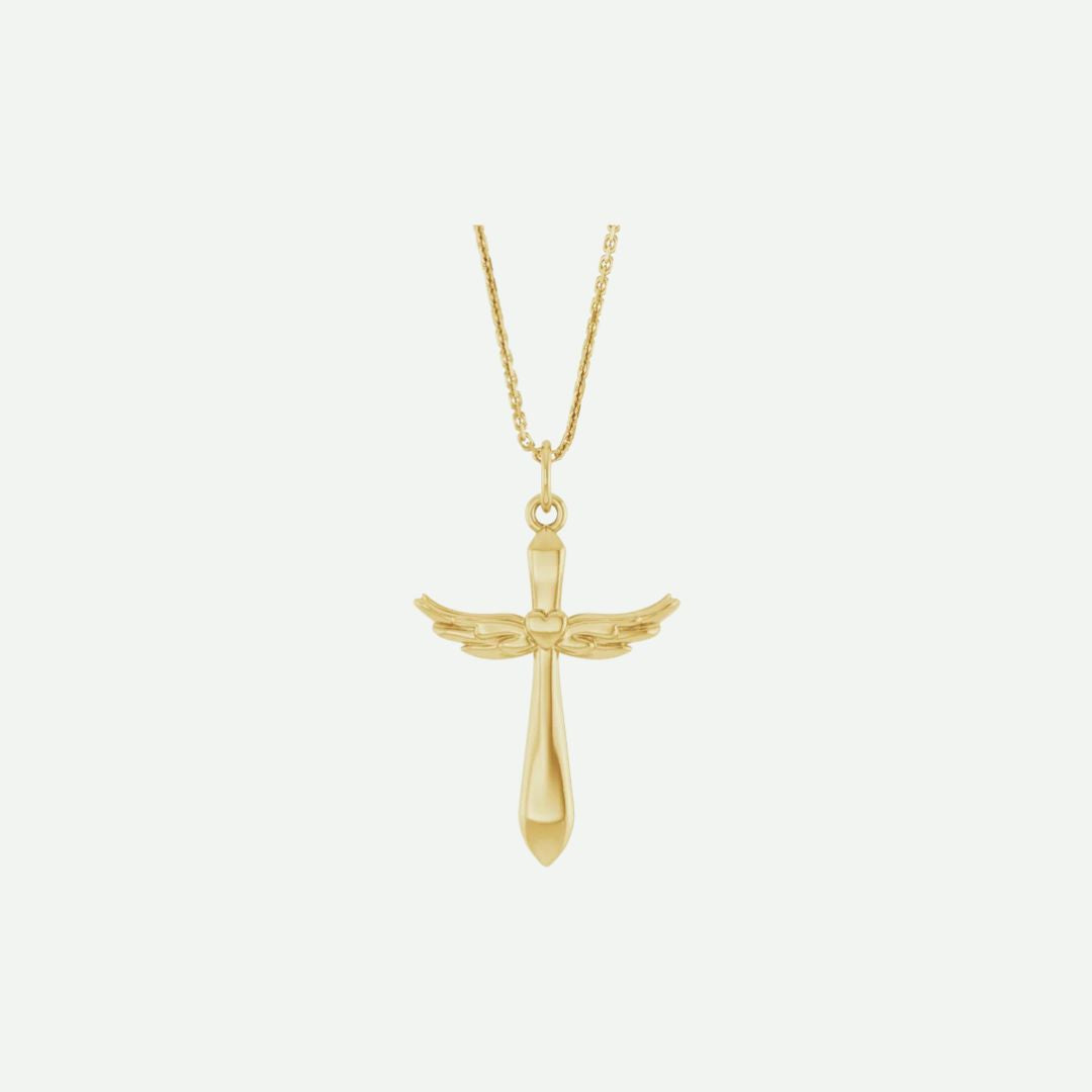 Gold angel wings cross pendant necklace on a white background | Modern Christian Jewelry | Glor-e