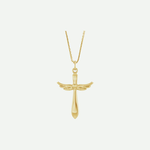 Gold angel wings cross pendant necklace on a white background | Modern Christian Jewelry | Glor-e