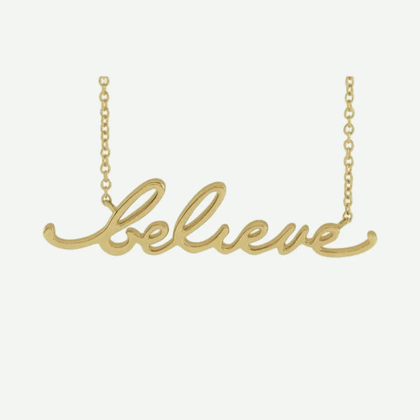 Front View of Yellow Gold BELIEVE Christian Necklace For Women