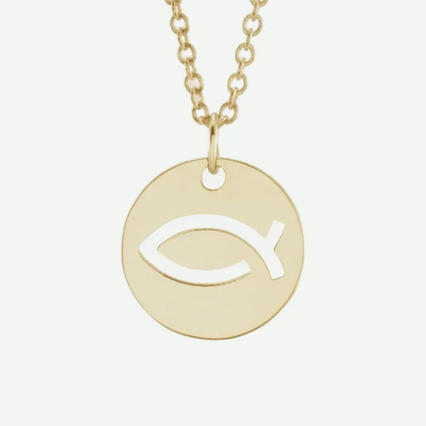 Front View of Yellow Gold ICHTUS Christian Necklace For Women