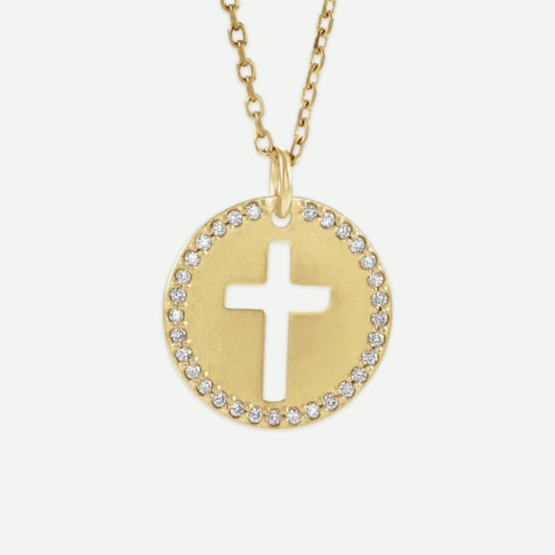 Front View of Yellow Gold PIERCED Christian Necklace For Women