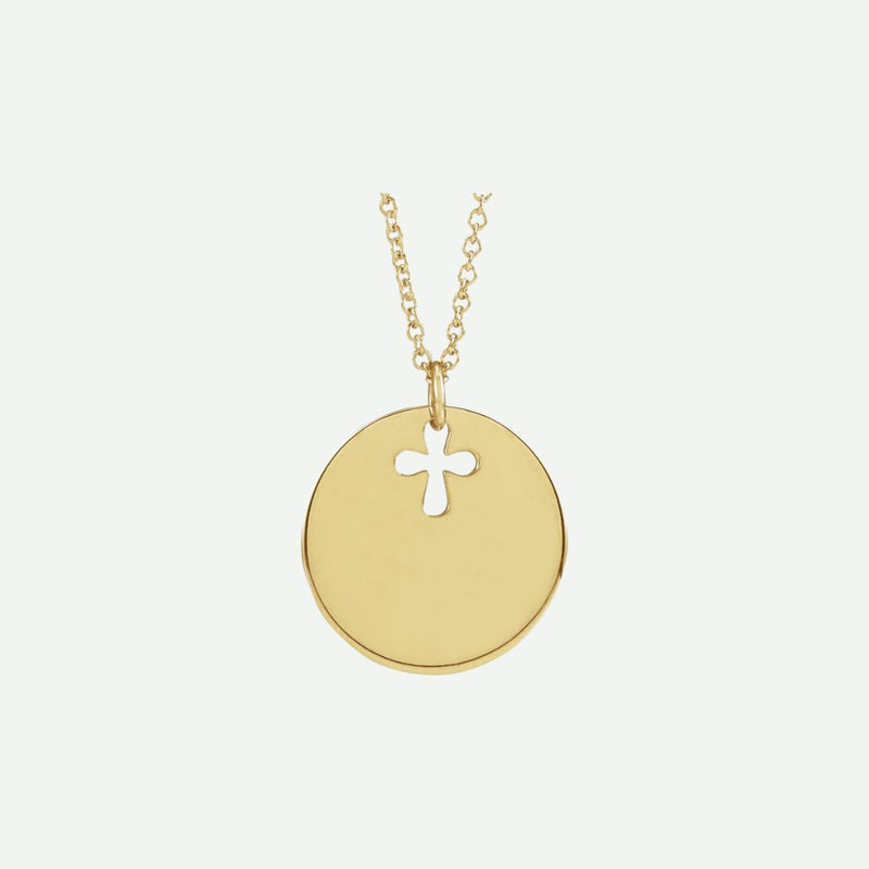 Front view of yellow gold PIERCED ‘E’ Christian necklace from Glor-e – elegant women’s jewelry symbolizing faith and devotion