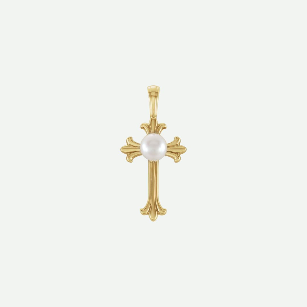 Front view of RADIANCE yellow gold cross pendant with freshwater pearl center, glowing with elegance and faith.