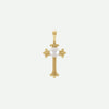 Front view of RADIANCE yellow gold cross pendant with freshwater pearl center, glowing with elegance and faith.