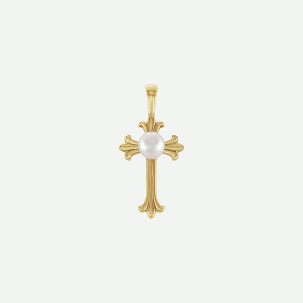 Front view of RADIANCE yellow gold cross pendant with freshwater pearl center, glowing with elegance and faith.