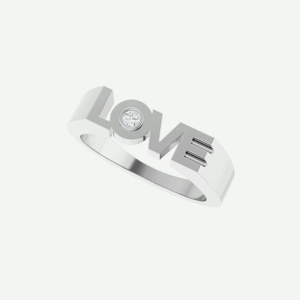 Front Oblique View of White Gold LOVE Christian Ring For Women