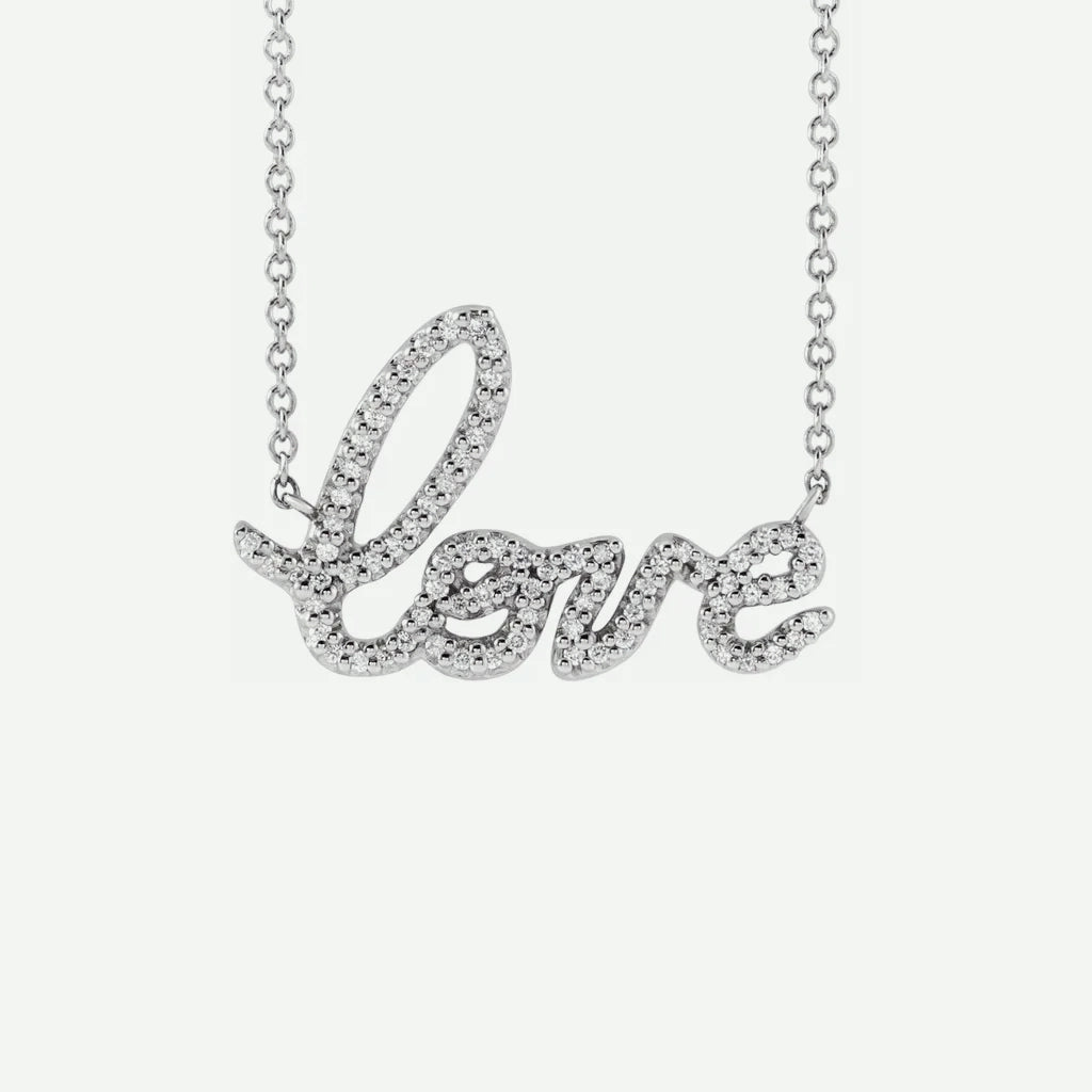 Front View of White Gold LOVE Christian Necklace For Women