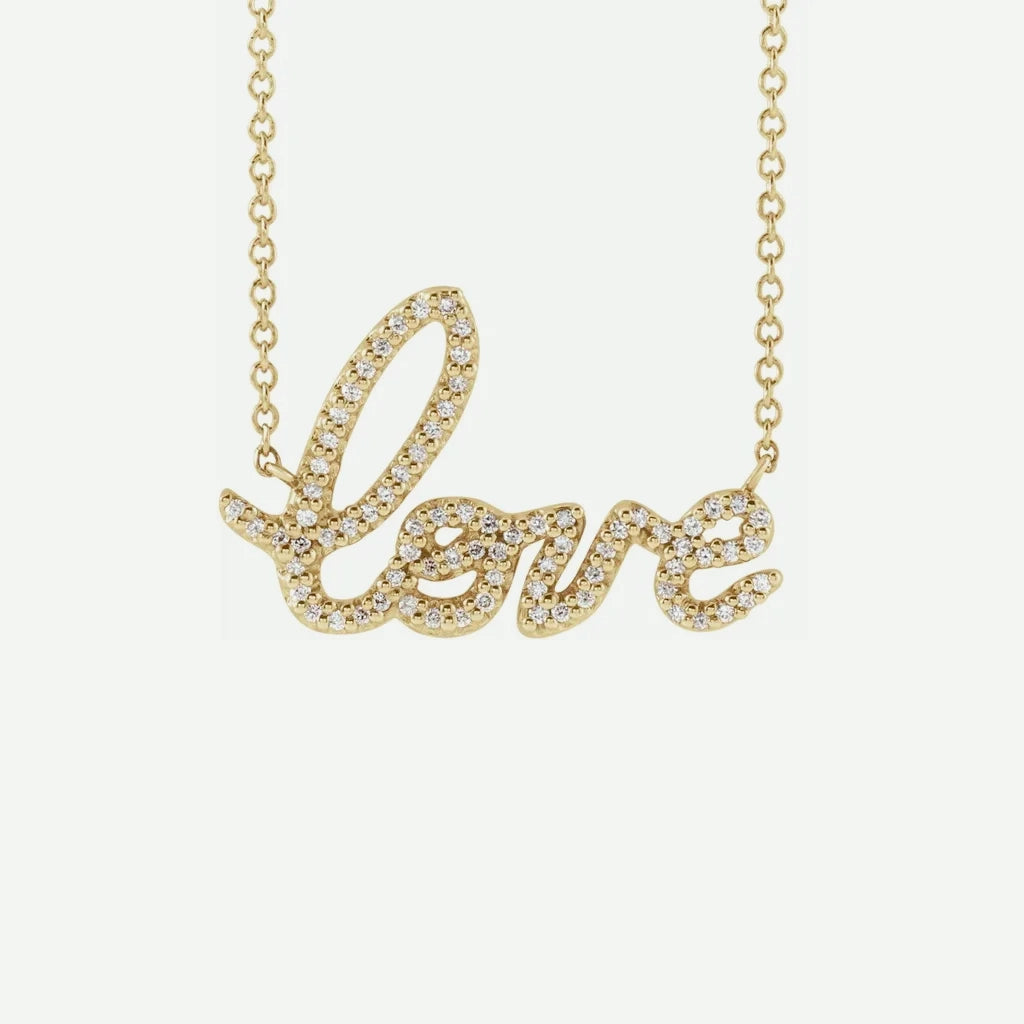 Front View of Yellow Gold LOVE Christian Necklace For Women