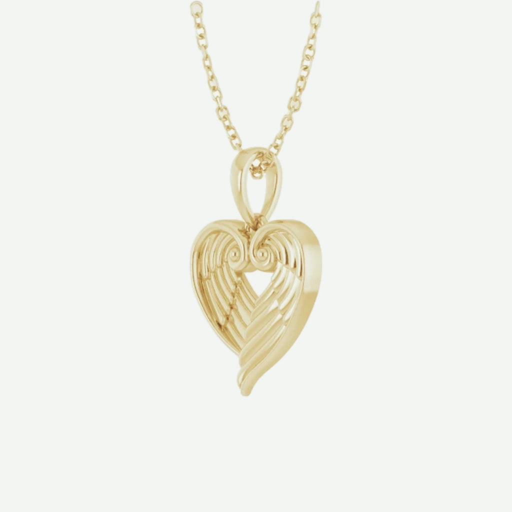 Oblique View of Yellow Gold ANGEL WINGS HEART Christian Necklace For Women