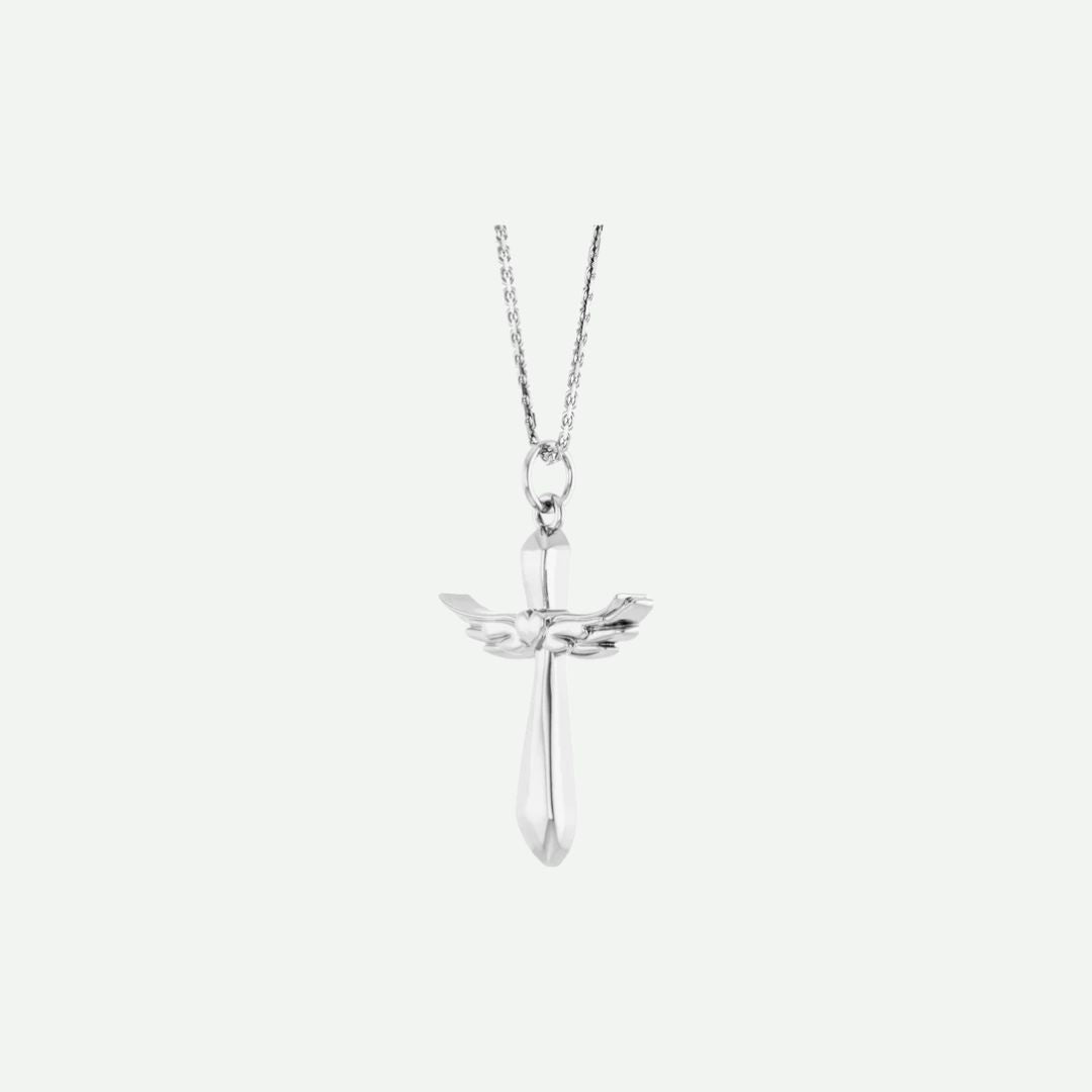 white gold angel wings cross pendant necklace on a white background | Modern Christian Jewelry | Glor-e