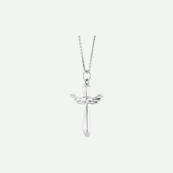 white gold angel wings cross pendant necklace on a white background | Modern Christian Jewelry | Glor-e