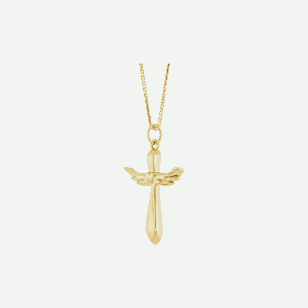 Gold angel wings cross pendant necklace on a white background | Modern Christian Jewelry | Glor-e