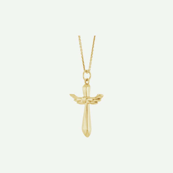 Gold angel wings cross pendant necklace on a white background | Modern Christian Jewelry | Glor-e