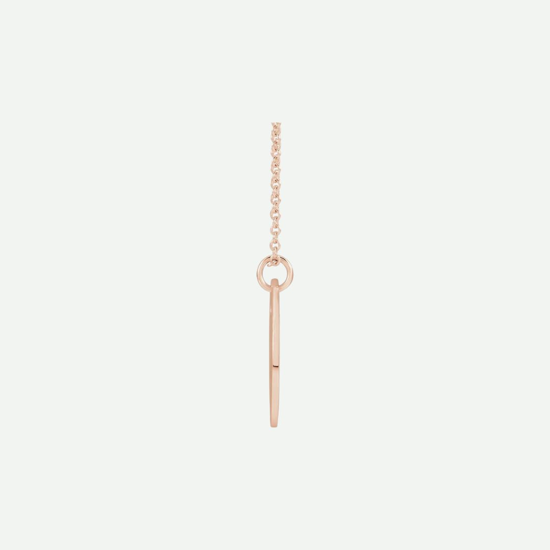 Side view of rose gold PIERCED ‘E’ Christian necklace from Glor-e – radiant women’s jewelry symbolizing love and enduring faith