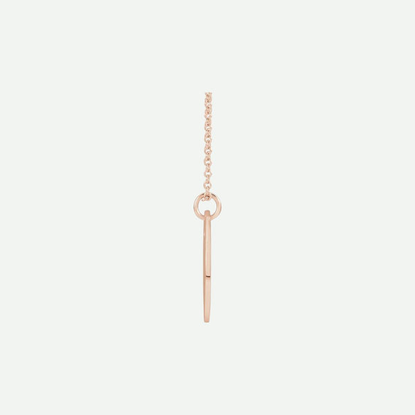 Side view of rose gold PIERCED ‘E’ Christian necklace from Glor-e – radiant women’s jewelry symbolizing love and enduring faith