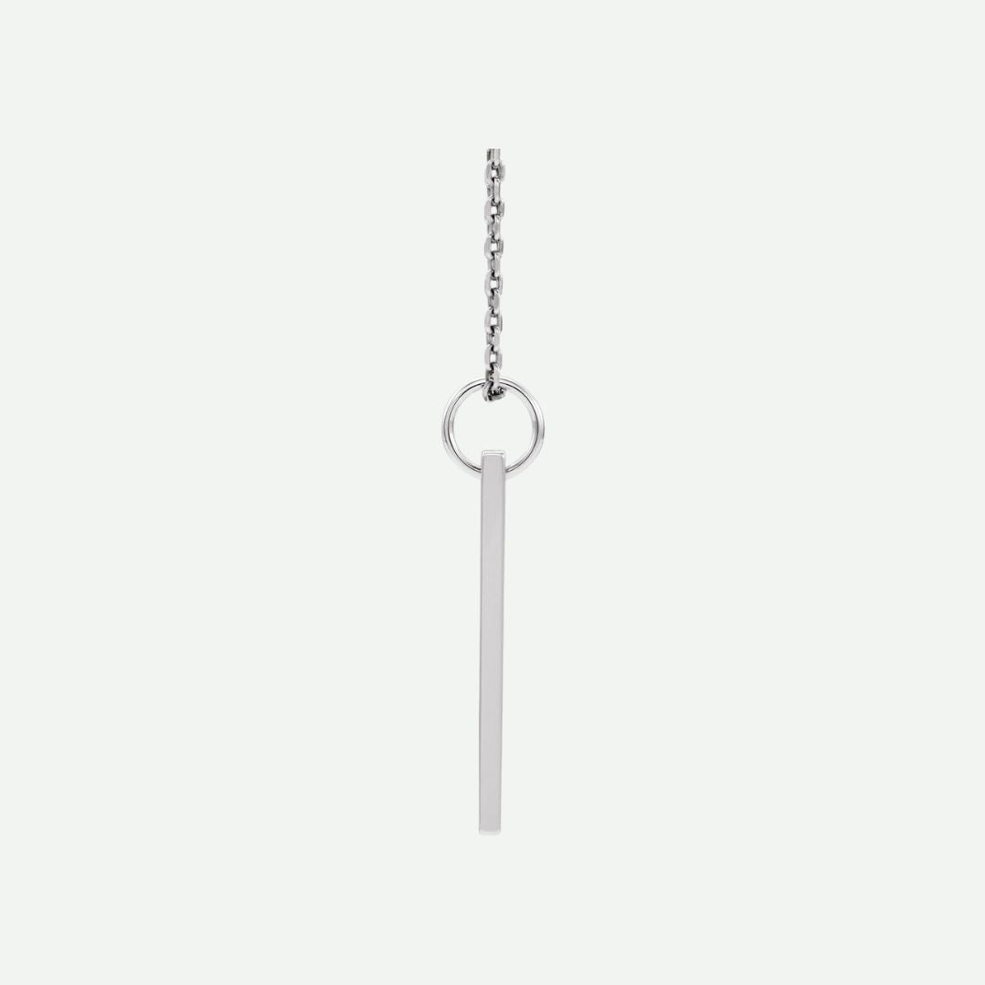 Side view of a sterling silver engravable necklace with a rectangular pendant on a white background