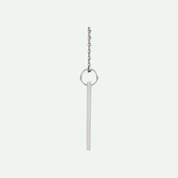 Side view of a 14k white gold engravable necklace with a rectangular pendant on a white background