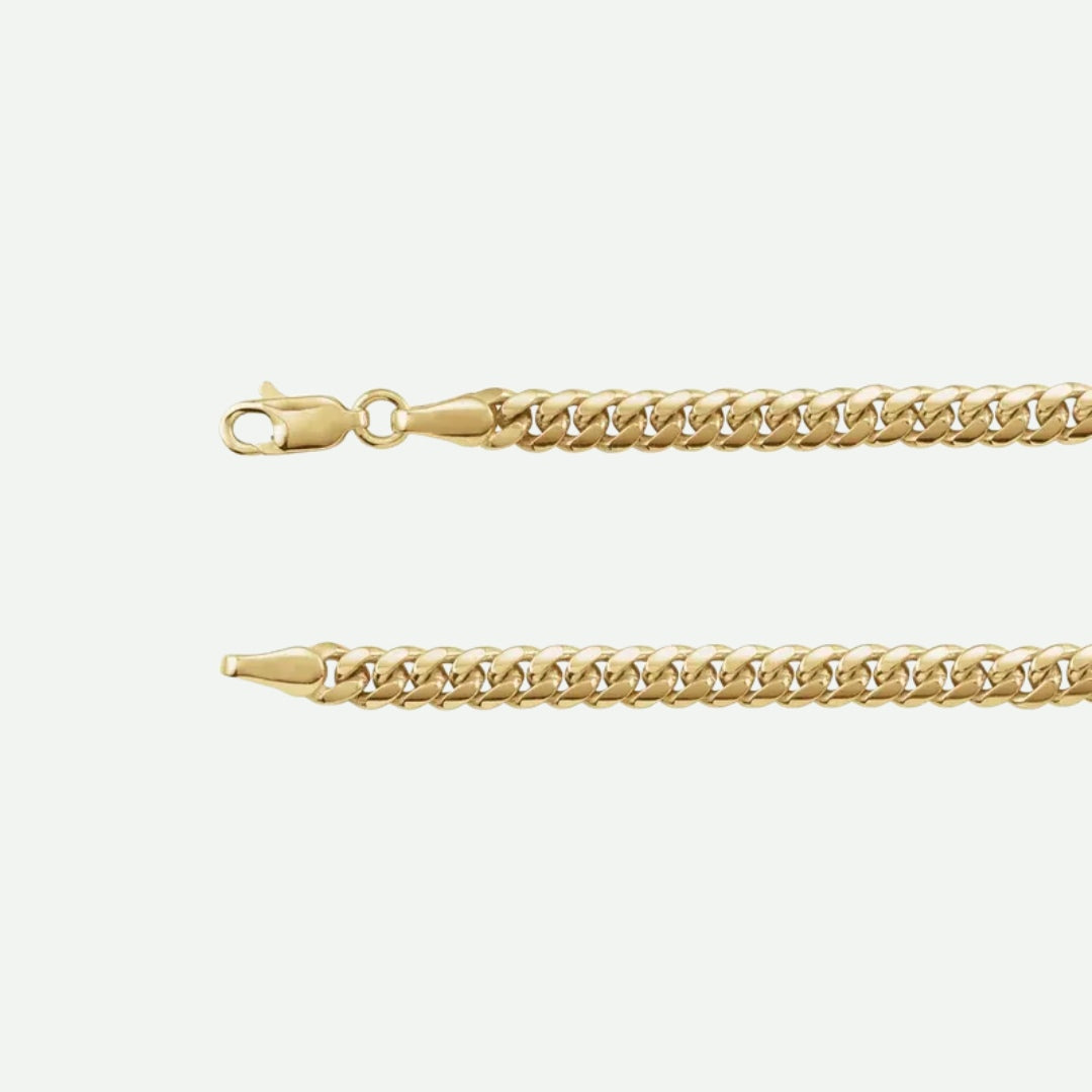 Side View of Yellow GOLD MIAMI CUBAN chain for men on a white background