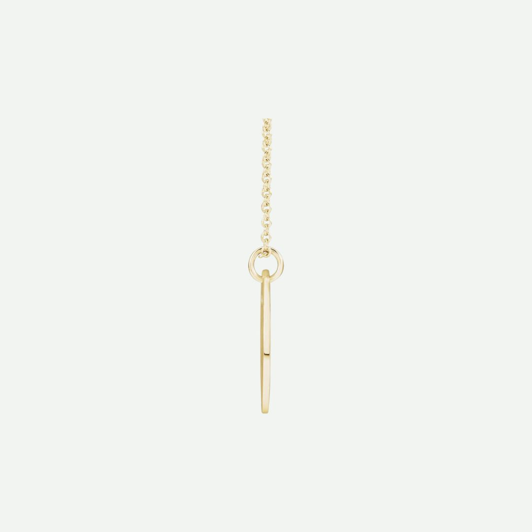 Side view of yellow gold PIERCED ‘E’ Christian necklace from Glor-e – graceful women’s jewelry reflecting faith and devotion