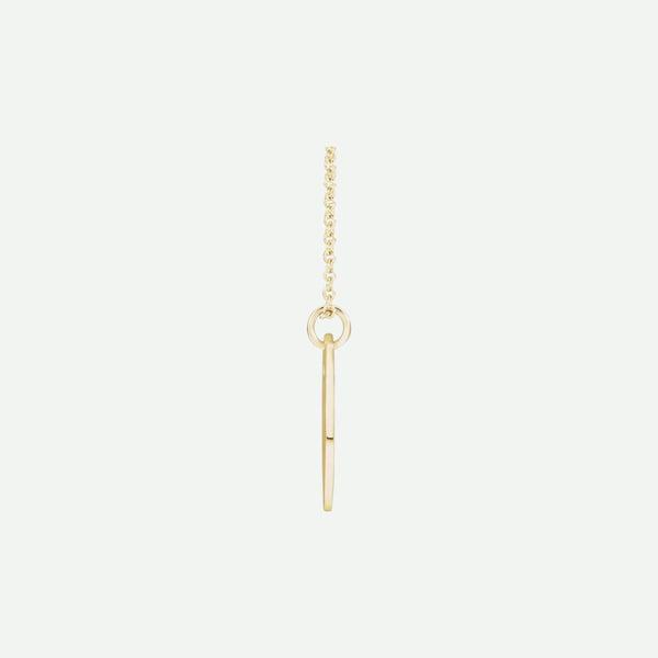 Side view of yellow gold PIERCED ‘E’ Christian necklace from Glor-e – graceful women’s jewelry reflecting faith and devotion