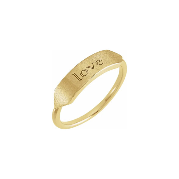 Yellow gold ring with 'love' engraving on a white background - Glor-e modern Christian jewelry