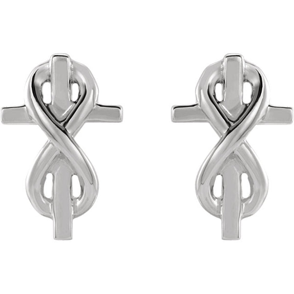 Front view of sterling silver Infinity-Inspired Cross Christian Earrings