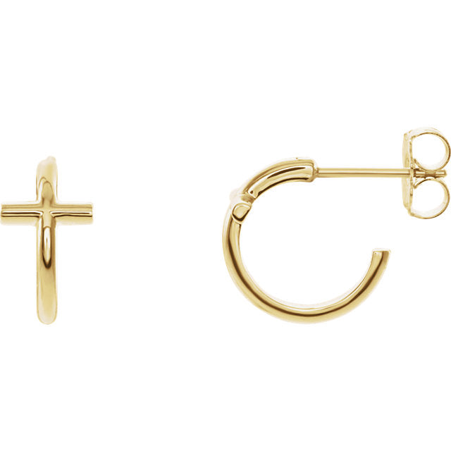 Mixed view of yellow gold Cross J-Hoop Christian Earrings