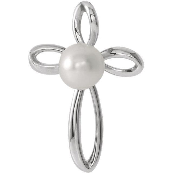 Front view of white gold Pearl Cross Christian Pendant For Women