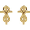 Front view of yellow gold Infinity-Inspired Cross Christian Earrings
