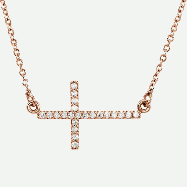 Front view of 14K Rose Gold Accented Sideways Cross Christian Necklace For Women | Glor-e