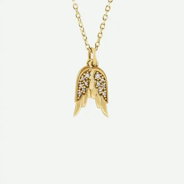 Front view of yellow gold Angel Wings Christian necklace for women