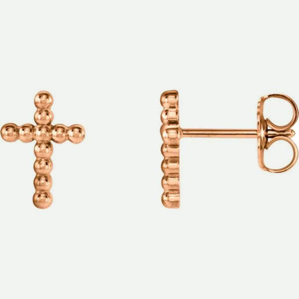 Front and side views of Beaded Cross 14k rose gold Christian Earrings from Glor-e