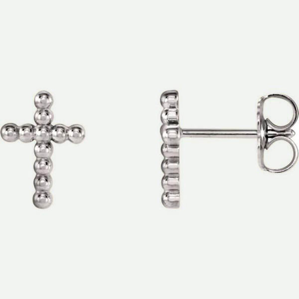 Front and side views of Beaded Cross 14k white gold Christian Earrings from Glor-e