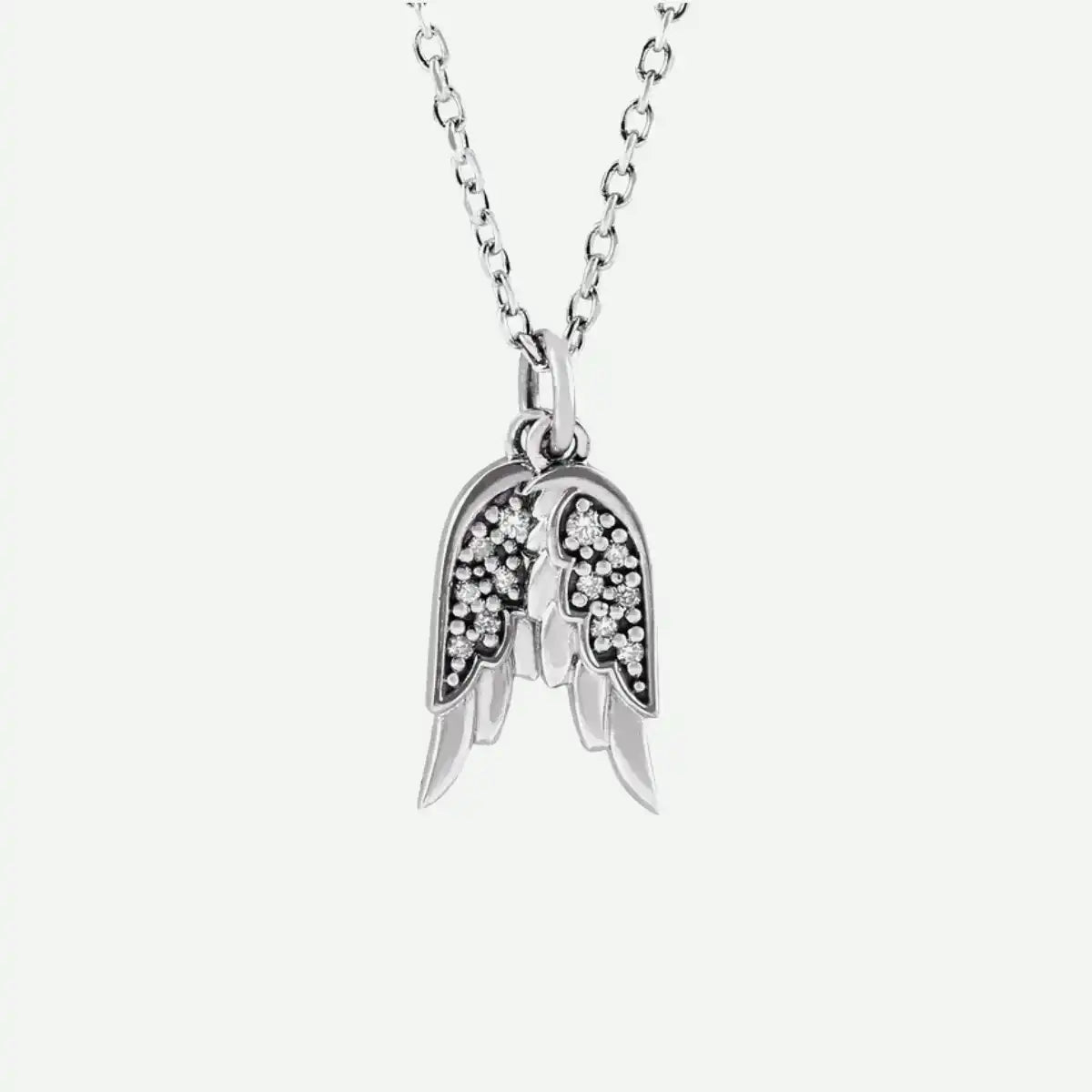 Front view of white gold Angel Wings Christian necklace for women