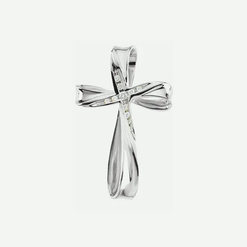 Front view of diamond white gold cross Christian pendant for women