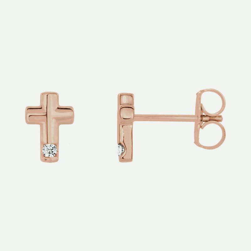 Front and Side views of rose gold diamond cross Christian earrings for women