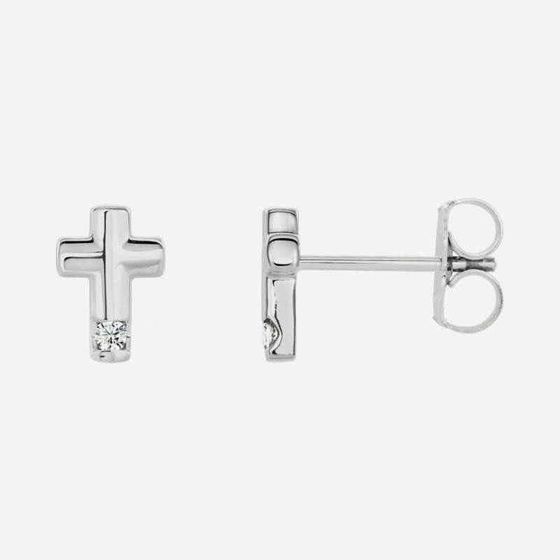 Front and Side views of sterling silver diamond cross Christian earrings for women