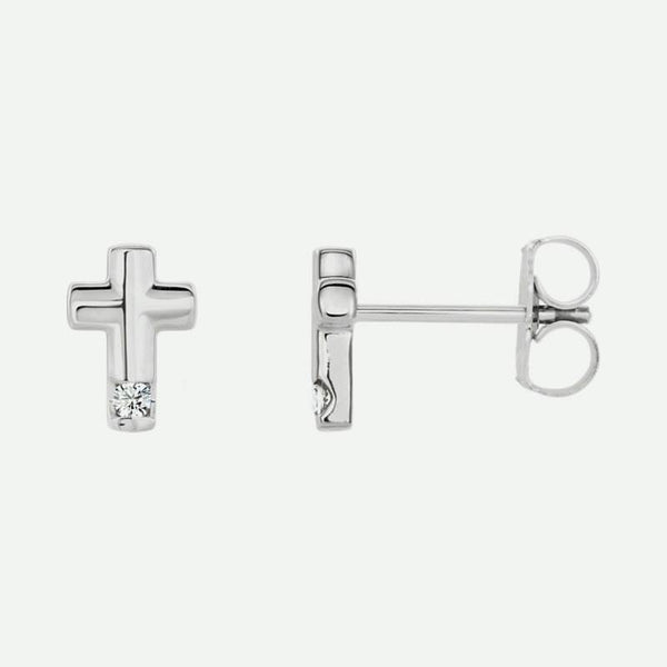 Front and Side views of white gold diamond cross Christian earrings for women